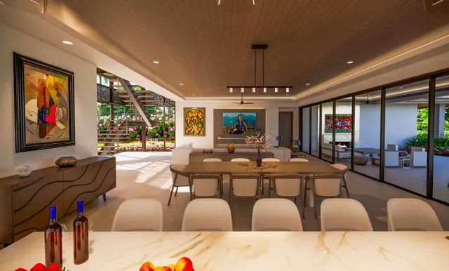 a living room with furniture a large window and kitchen view