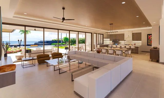 a living room with furniture and a potted plant