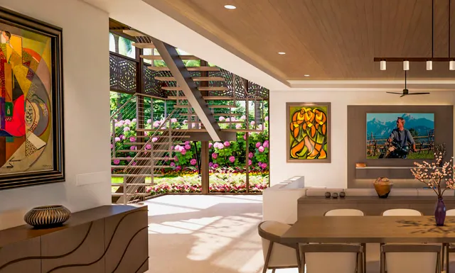 a living room with furniture and a book shelf