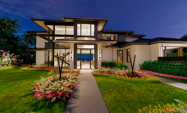 a front view of a house with a big yard and potted plants
