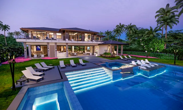 a front view of a house with swimming pool garden and patio