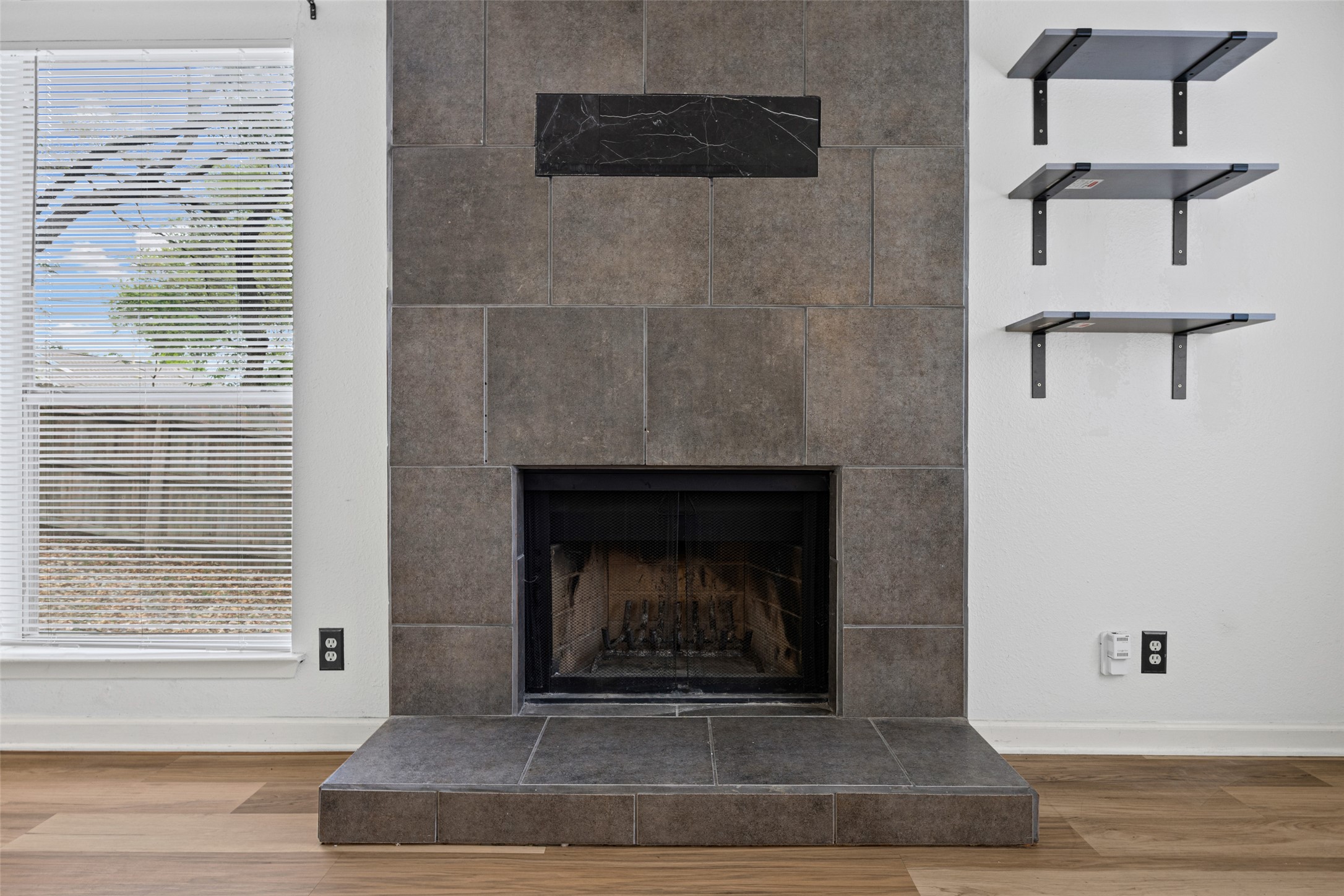 8100 Dunn Street, Unit B Austin, TX 78745 - Photo 6 of 29 a living room with a fireplace and a wooden floor