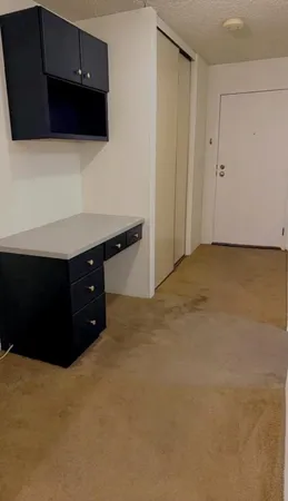a kitchen with a cabinets and a flat screen tv