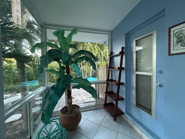 a view of a wooden deck with a large trees