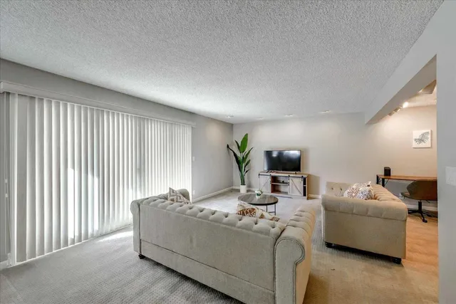 a living room with furniture and a potted plant
