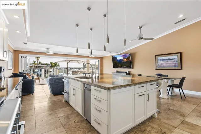 an aerial view of a building and lake view