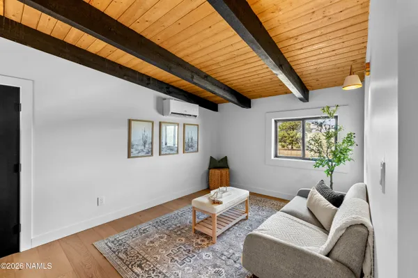 a living room with furniture and a rug