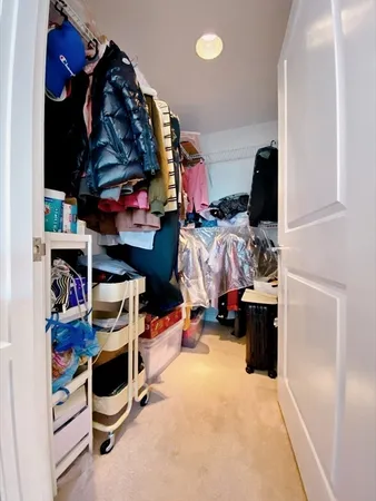 a view of walk in closet with clothes and shoes