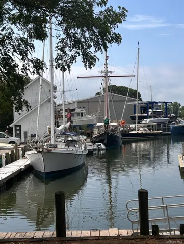 a view of a lake with boats and trees in the background