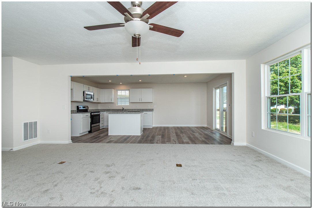 7701 Webster Road Middleburg Heights, OH 44130 - Photo 13 of 29 Kitchen featuring a wealth of natural light, white cabinets, stainless steel appliances, and carpet flooring