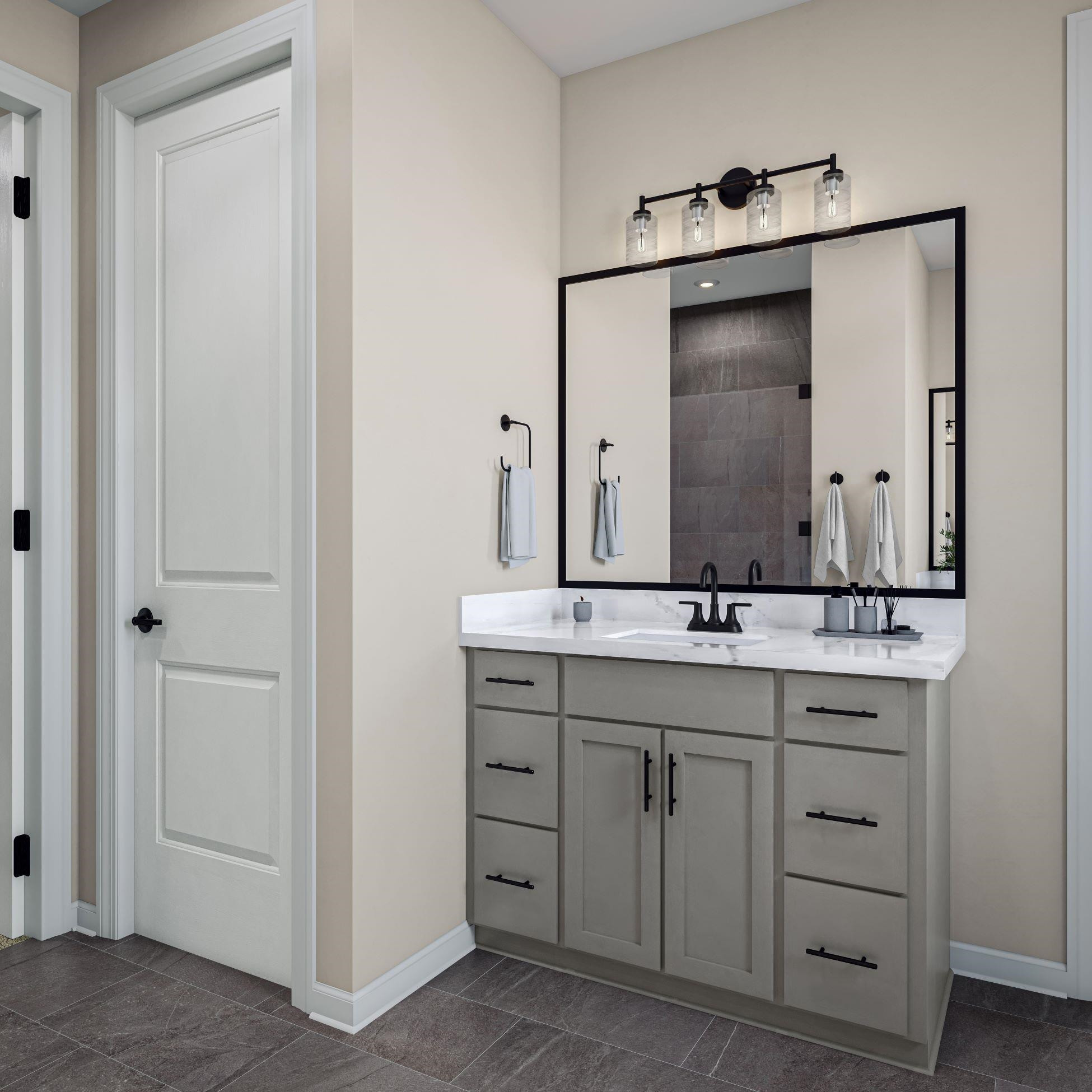 6104 Adecor Way Raleigh, NC 27617 - Photo 16 of 37 a bathroom with a granite countertop sink and a mirror