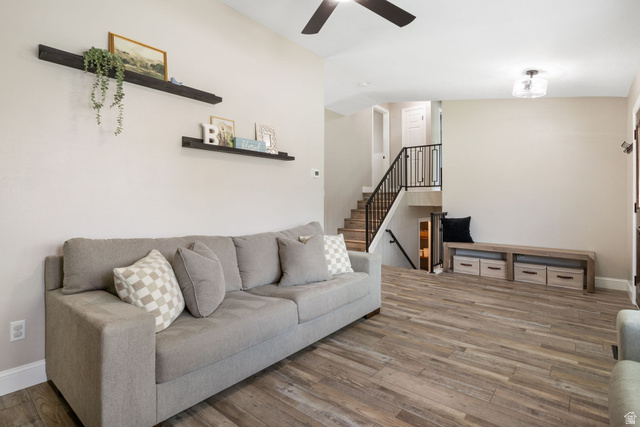 415 360 East Salem, UT 84653 - Photo 2 of 20 Expansive living area featuring wood-finish flooring, a contemporary ceiling fan, and recessed lighting