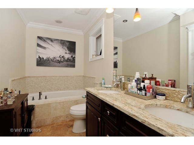 950 West Barry Avenue, Unit 3 Chicago, IL 60657 - Photo 8 of 10 a bathroom with a granite countertop sink a large mirror a toilet and a bathtub