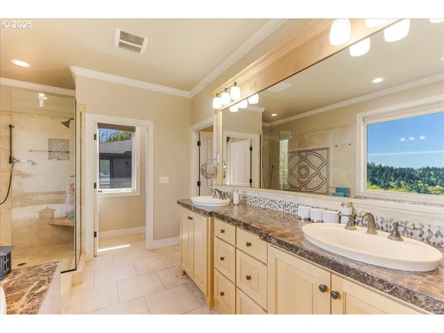 a bathroom with a granite countertop sink mirror and double