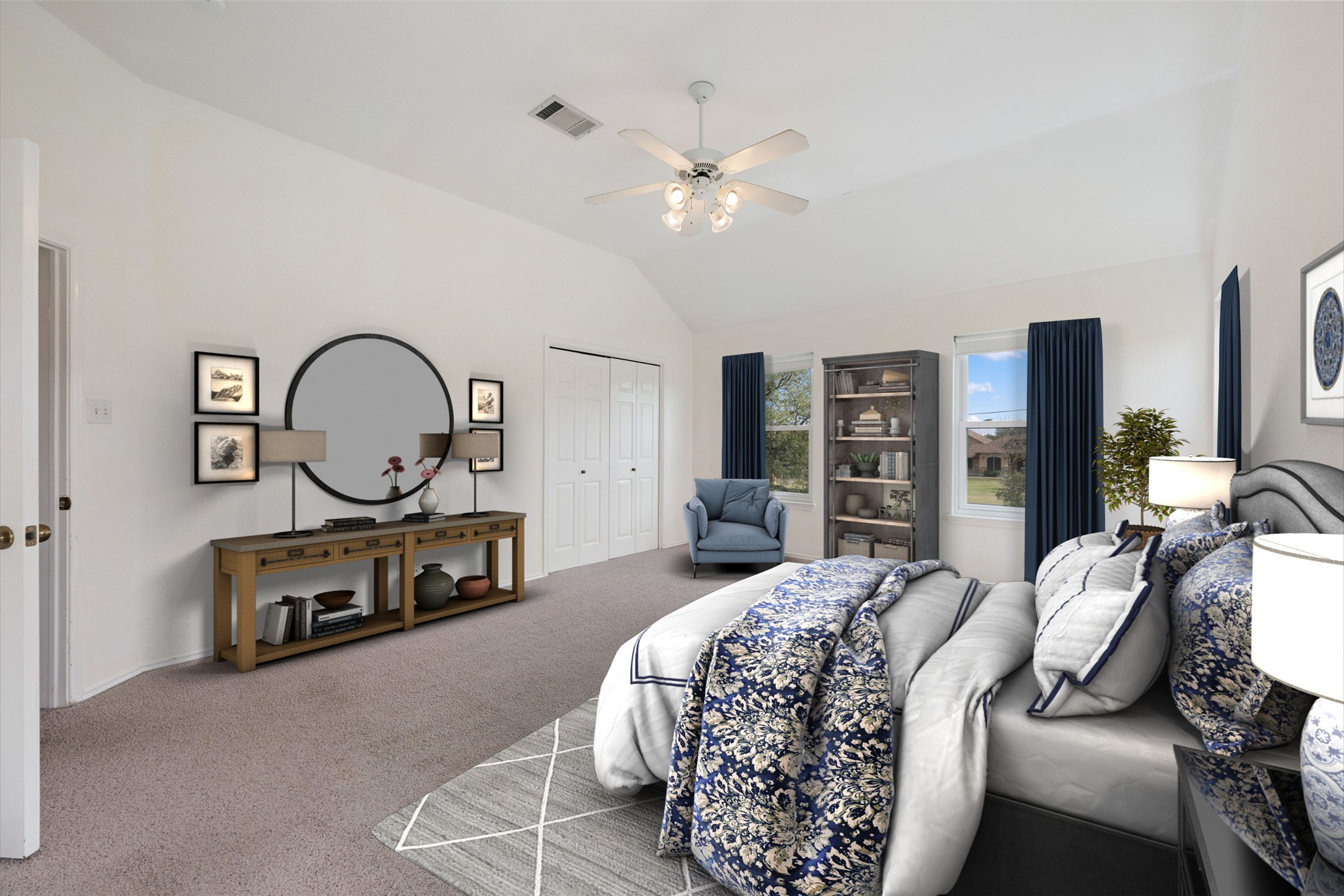 104 Sunset Road Georgetown, TX 78633 - Photo 27 of 40 Virtually Staged. Bedroom featuring carpet, vaulted ceiling, a closet, and a ceiling fan