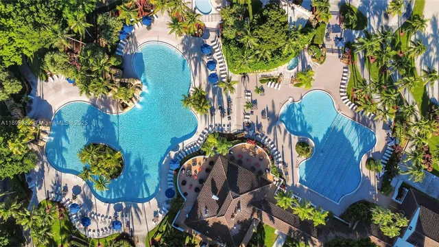 a view of a swimming pool with a patio and palm trees