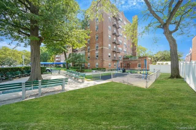 a view of a park with large trees
