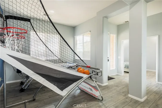 a living room with a rug