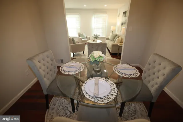 a view of a dining room with furniture