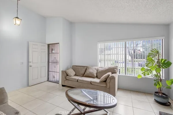 a living room with furniture and a potted plant
