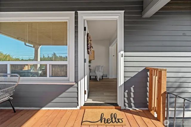 a view of a balcony with a potted plant