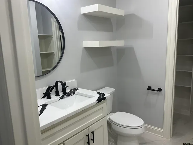 a bathroom with a sink toilet and mirror
