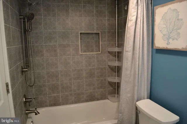 a bathroom with a shower and a toilet