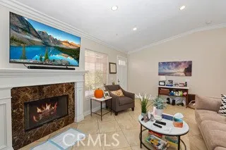 a living room with furniture a fireplace and wall paintings