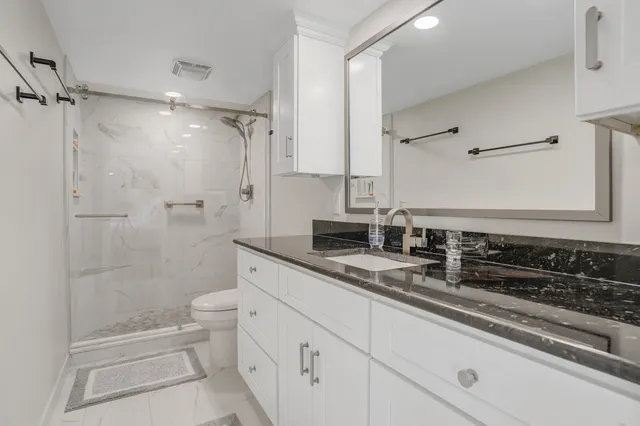 a bath room with a toilet a sink and a shower