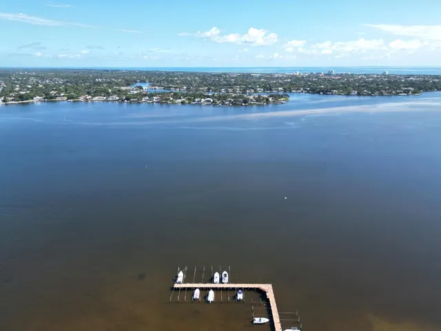 an aerial view of residential houses with outdoor space and lake view