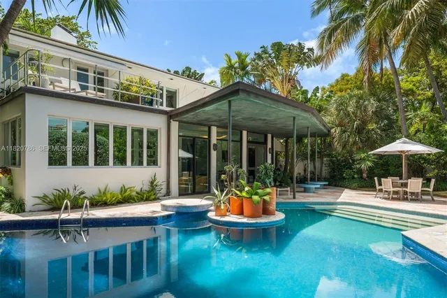 an outdoor space with seating