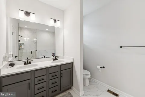 a bathroom with a double vanity sink toilet and a mirror