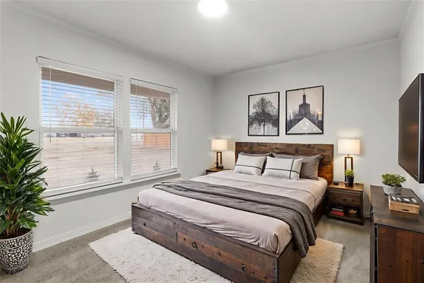a bedroom with a large bed and a potted plant