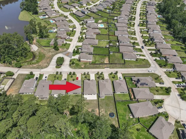 an aerial view of an buildings and street