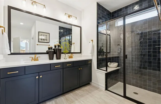a bathroom with a double vanity sink mirror and shower