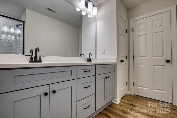 a bathroom with a double vanity sink a mirror and a shower