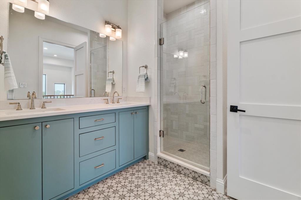 2108 Psalm Circle Heath, TX 75126 - Photo 29 of 39 a bathroom with a shower sink vanity and mirror