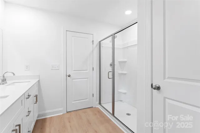 a bathroom with a shower sink and mirror
