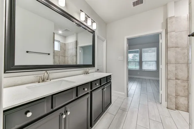 a bathroom with a sink and a mirror