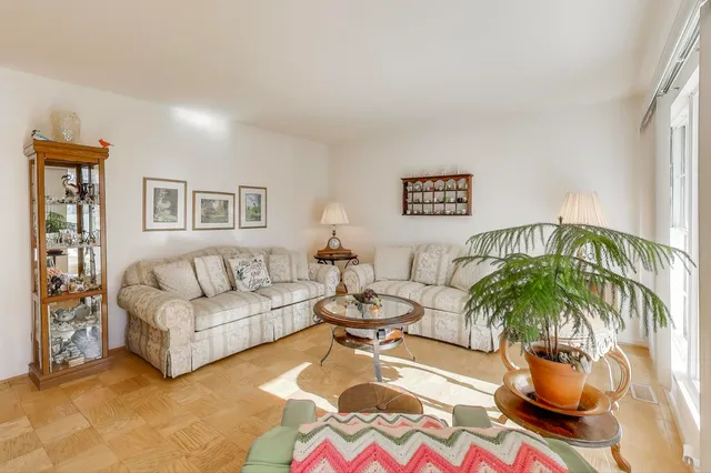 a living room with furniture and a potted plant