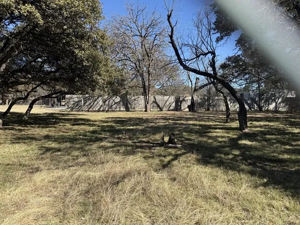 a view of dirt yard with large trees