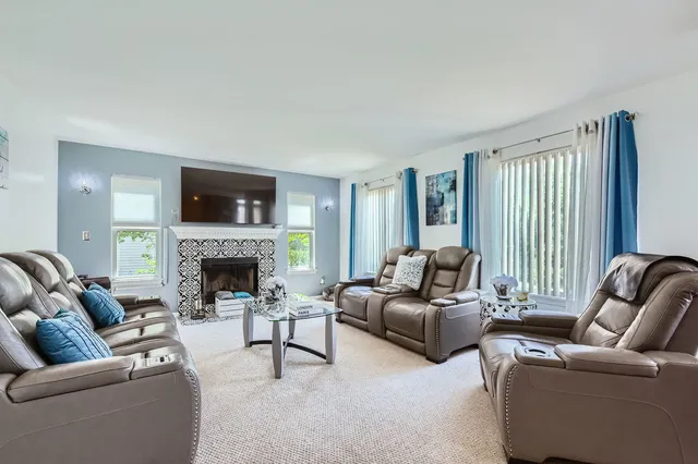 a living room with furniture or couch and a fireplace