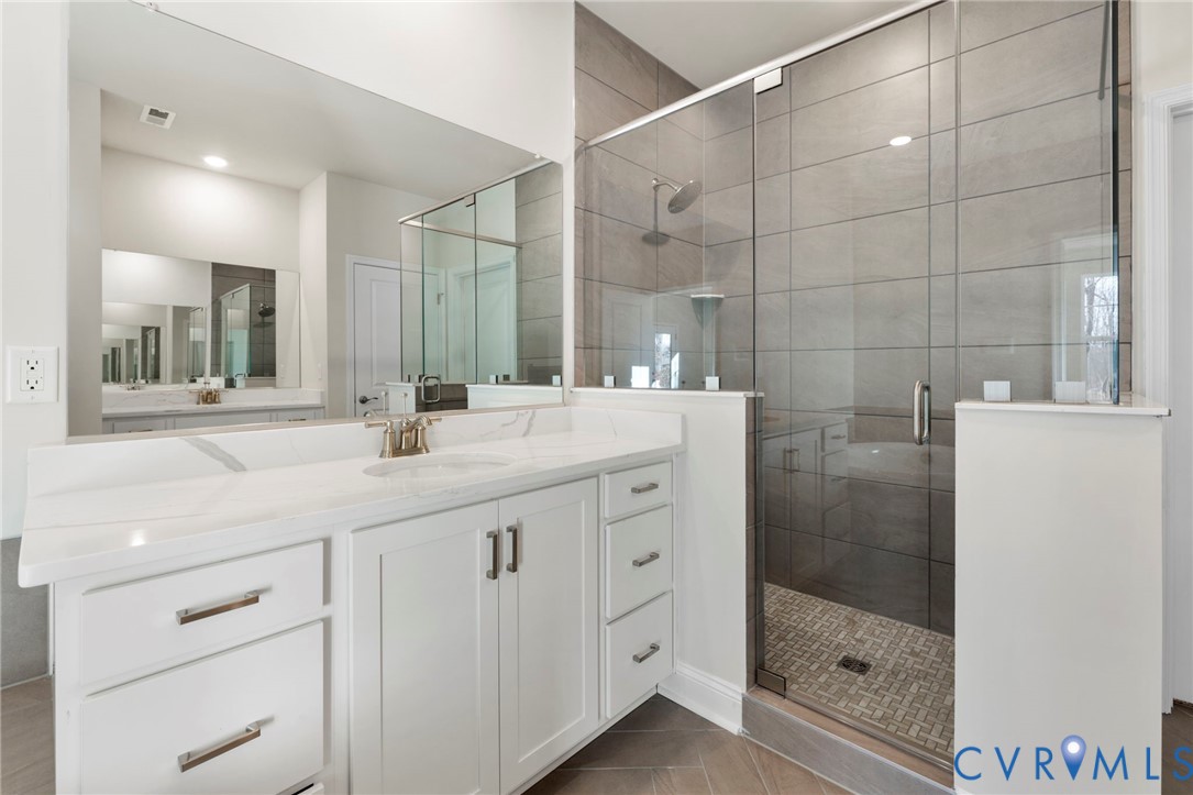 2710 Maidens Road Powhatan, VA 23139 - Photo 22 of 33 a bathroom with a shower sink and mirror