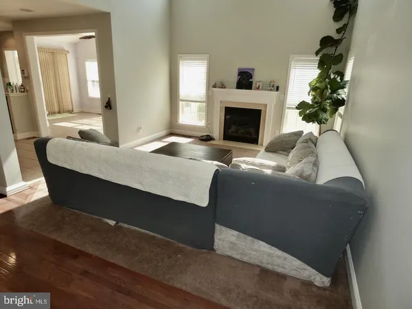 a living room with furniture fireplace and flower windows