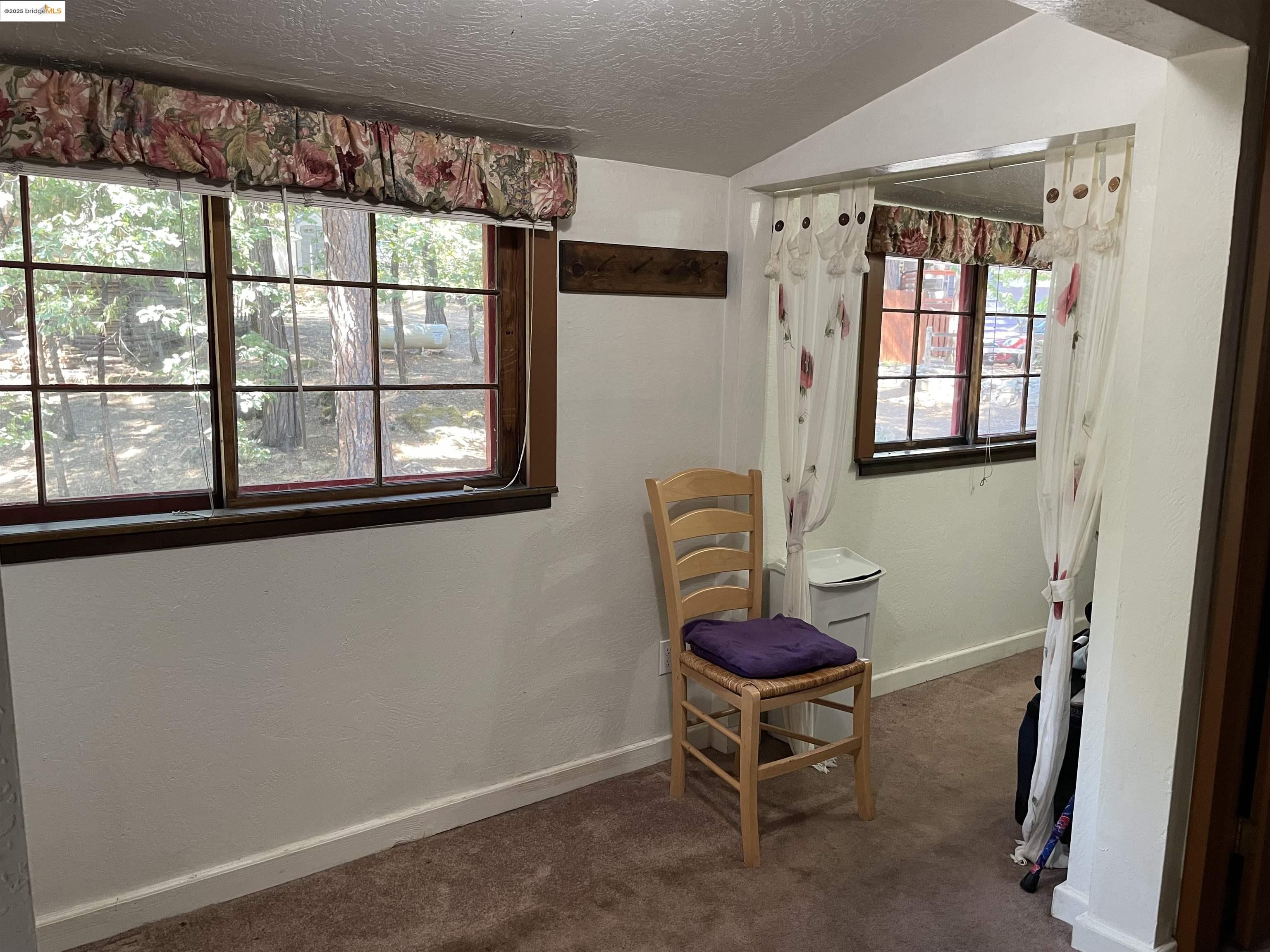 22846 Fuller Road Twain Harte, CA 95383 - Photo 15 of 40 Bedroom with a textured ceiling, dark carpet, and lofted ceiling