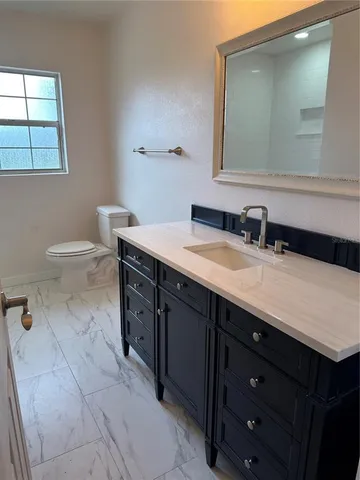 a bathroom with a sink vanity and a toilet