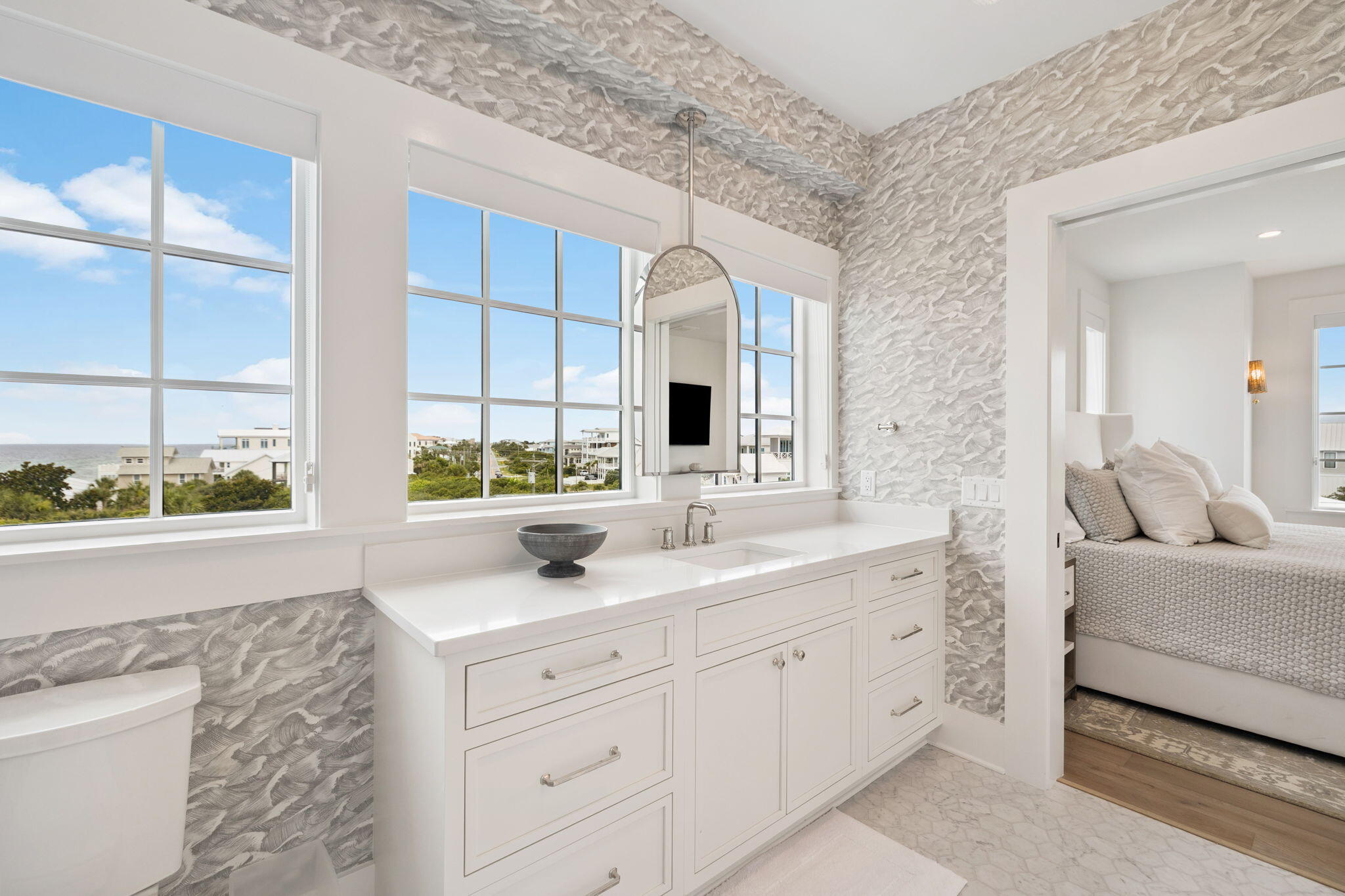 8978 East County Highway Inlet Beach, FL 32461 - Photo 81 of 116 a spacious bathroom with a double vanity sink a mirror and a bathtub