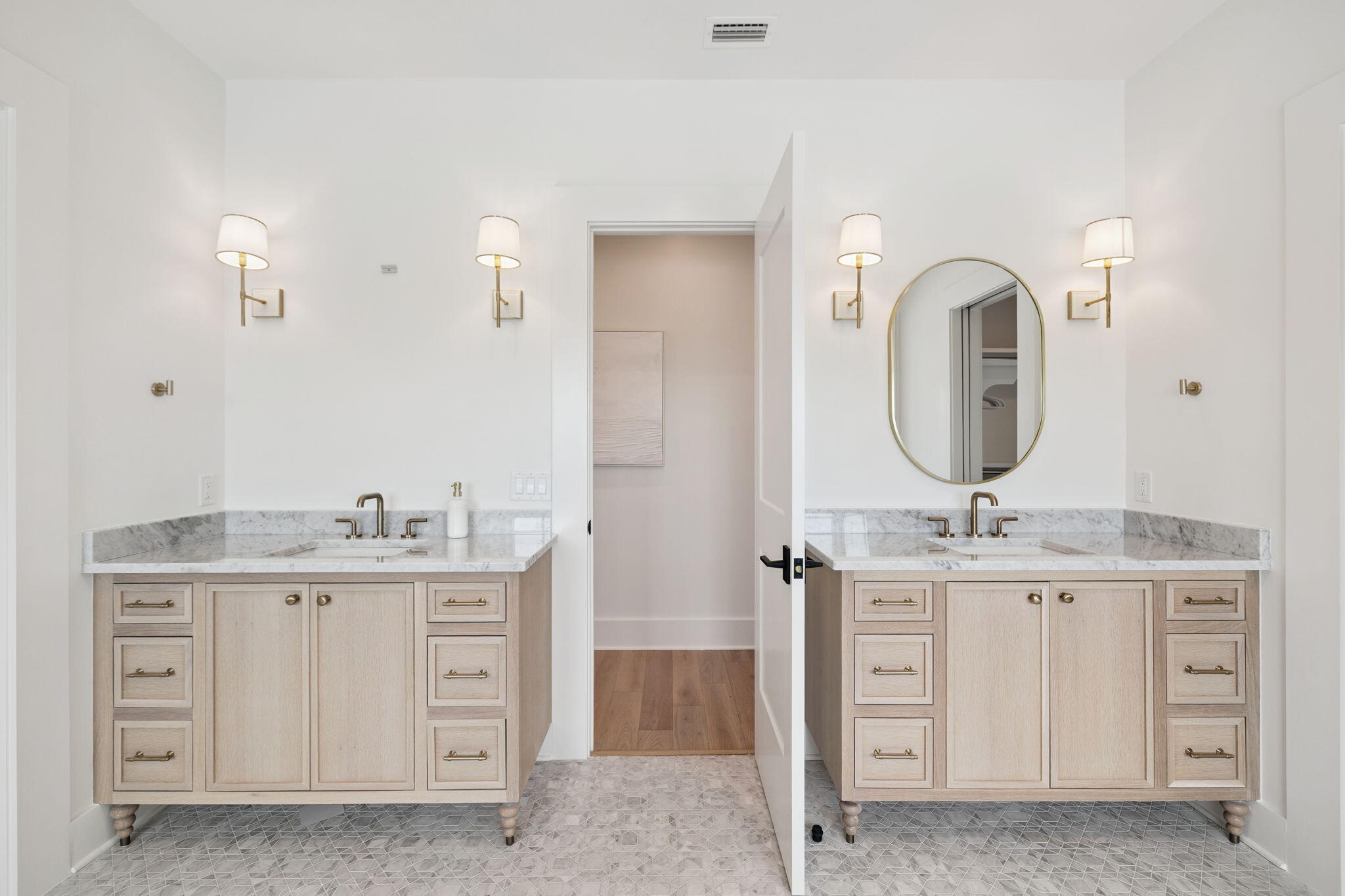 8978 East County Highway Inlet Beach, FL 32461 - Photo 92 of 118 a bathroom with a granite countertop double vanity sink and a mirror