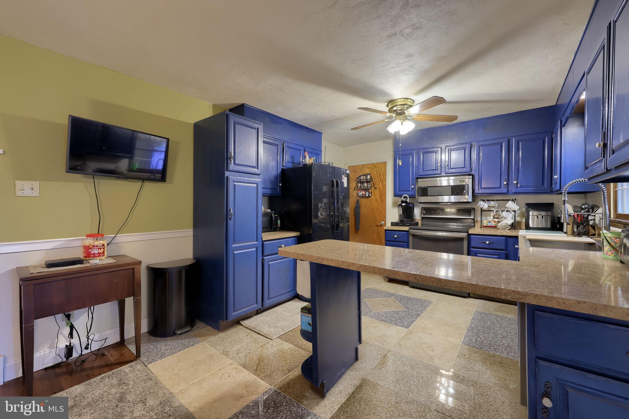 1019 Spring Valley Road Quarryville, PA 17566 - Photo 8 of 36 Charming kitchen with vibrant blue cabinetry.