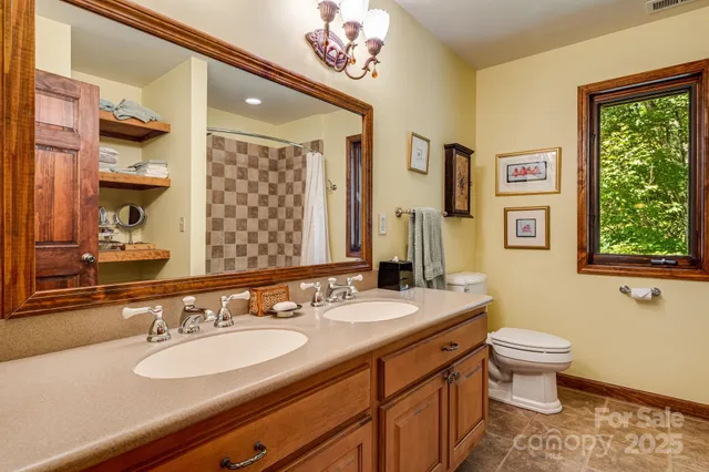 a bathroom with a double vanity sink toilet and a mirror